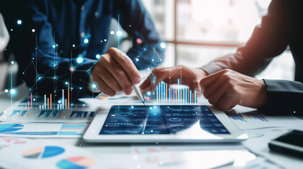 professionals explore complex data analytics displayed on digital tablet, highlighting modern business strategy and decision making. business and latest analysis technologies