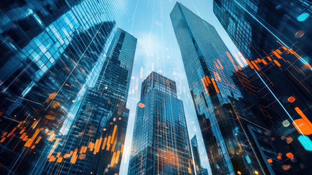 real estate development and investing: financial chart indicators and stock market graphs overlaying city skyscrapers a double exposure perspective