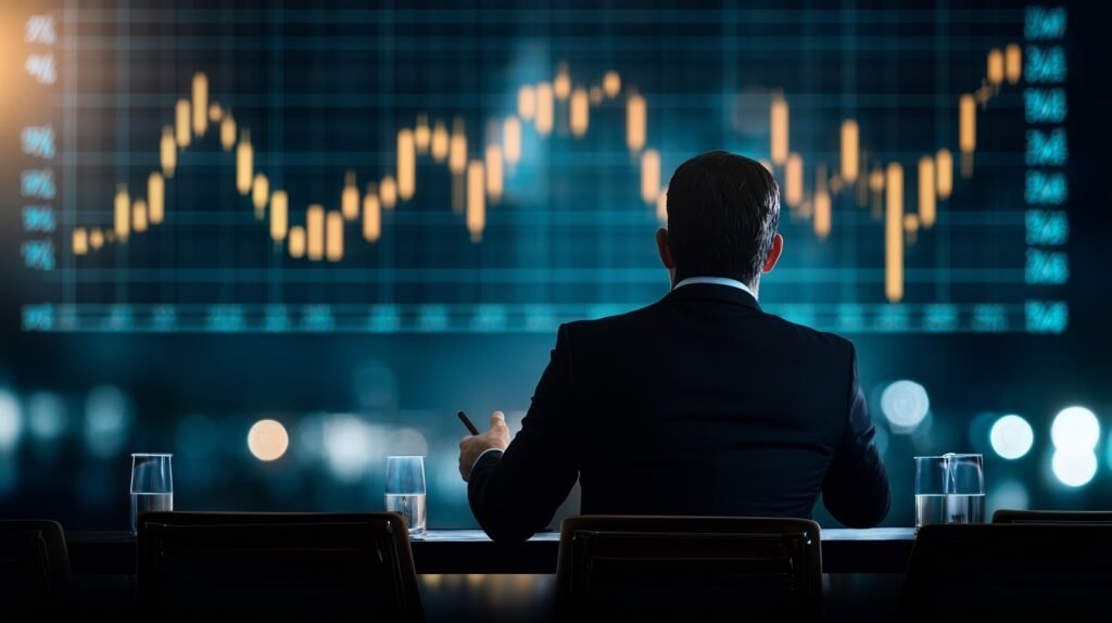 businessman analyzing financial data on a digital screen, reflecting on stock market trends and investment opportunities.