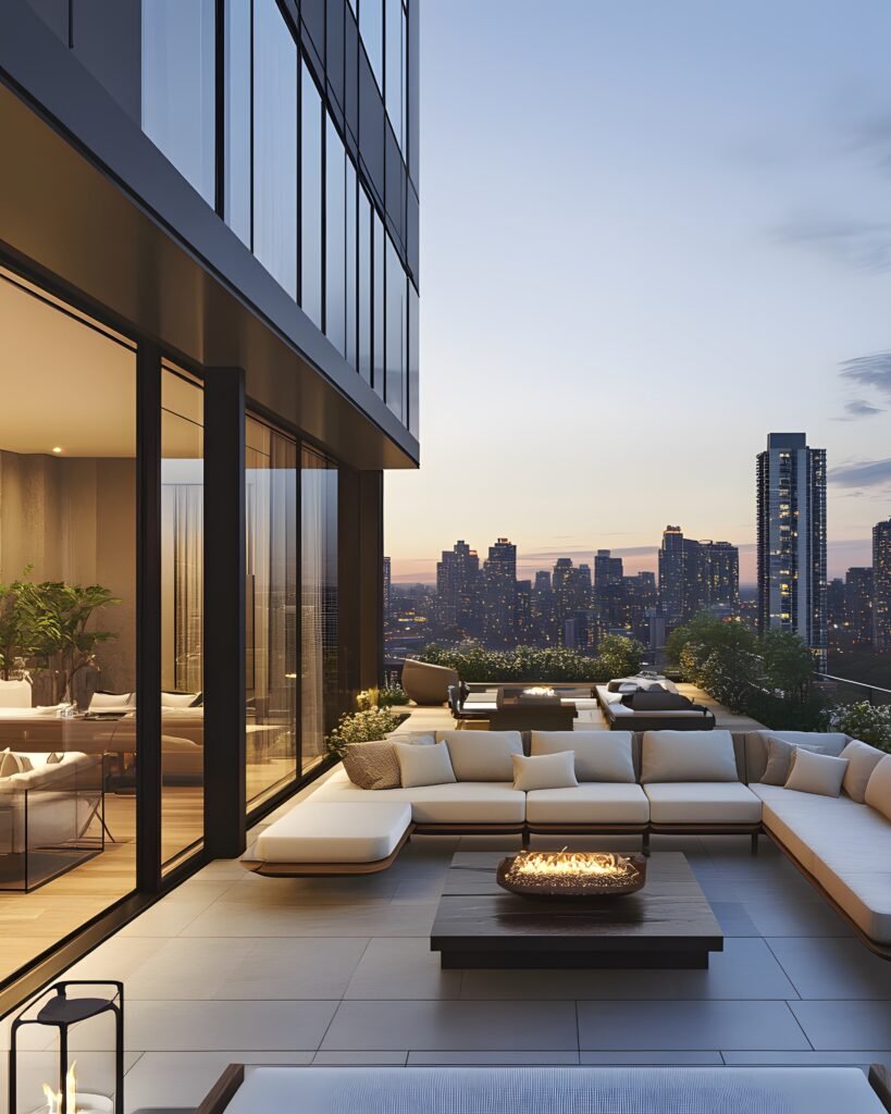 a luxury penthouse condo with an expansive terrace