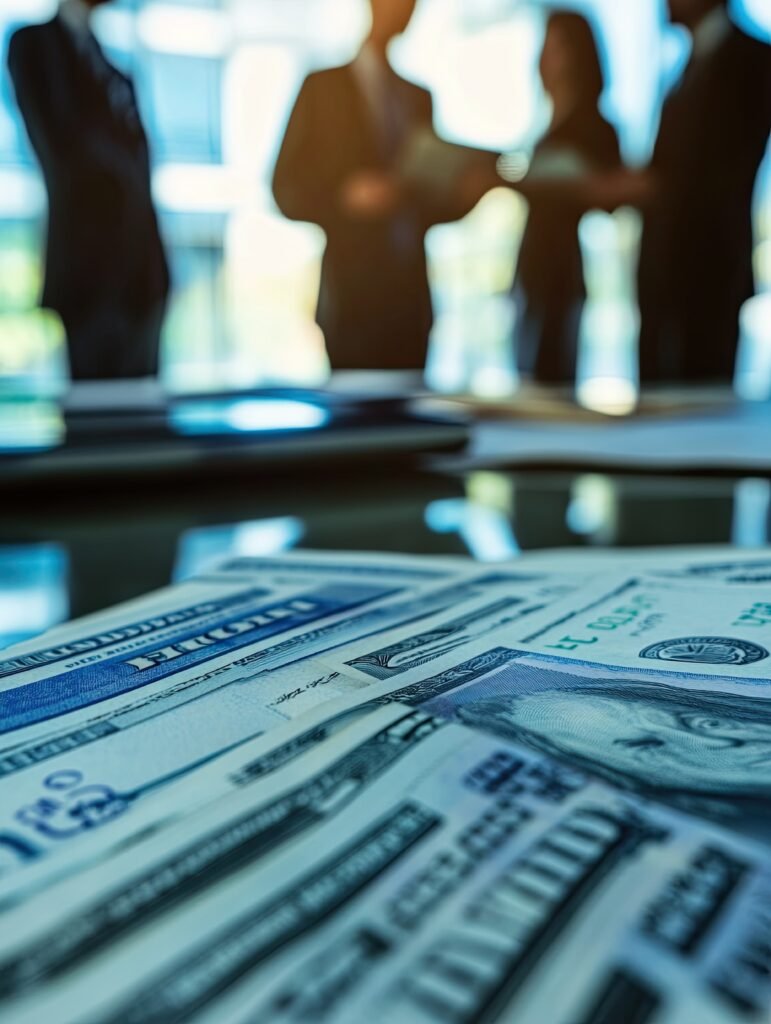 strategic investment meeting with financial gain emphasis in forefront position
